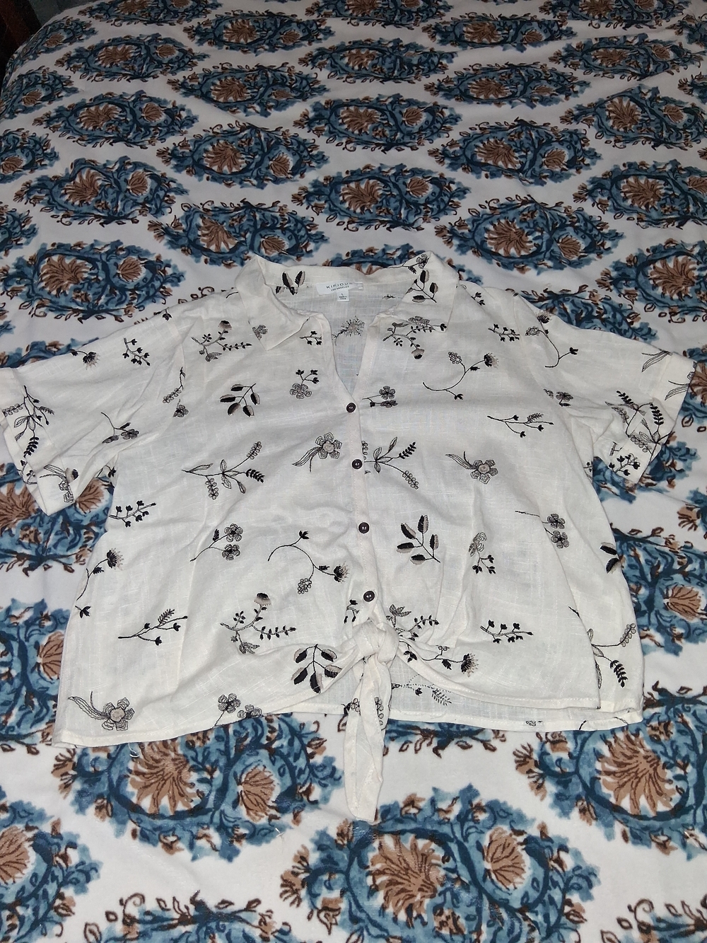 White Floral Tie-Front Button Down Shirt